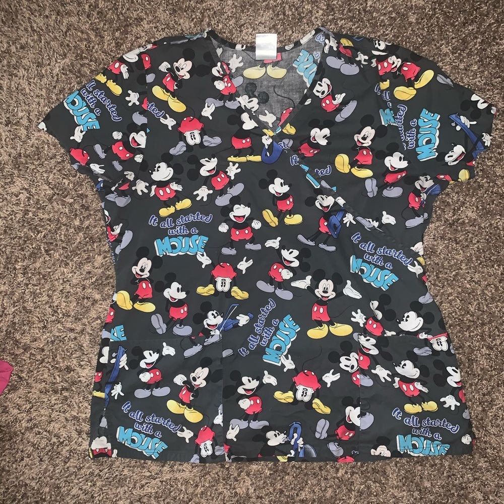 Disney Black Mickey Mouse Print Scrub Top with Red, Yellow & Blue Accents